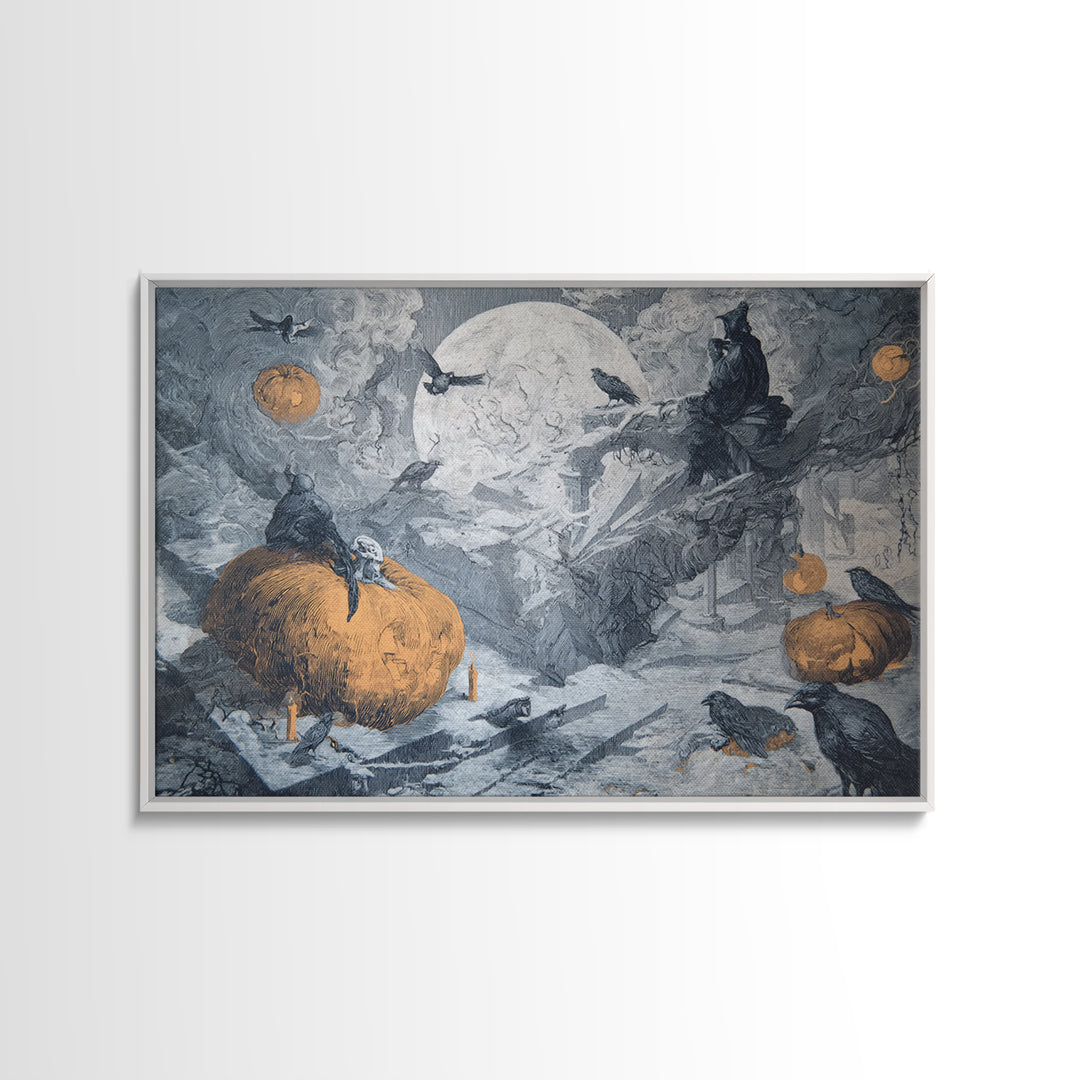 Frozen Halloween, Architectural Etching Art, Landscape Wall Art, Dark Halloween Decor, Framed Canvas Print, Halloween Wall Art