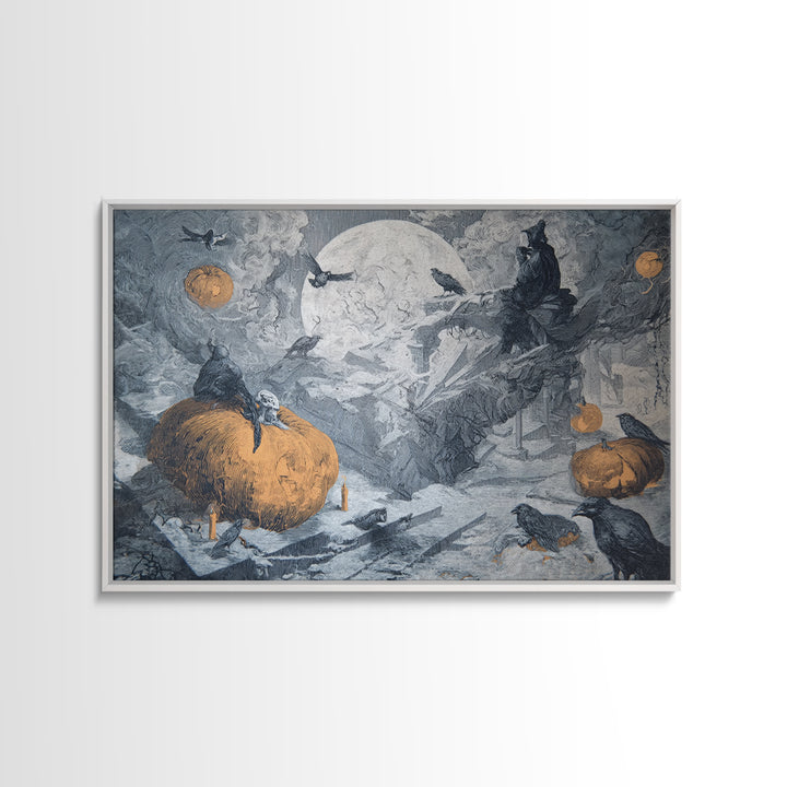 Frozen Halloween, Architectural Etching Art, Landscape Wall Art, Dark Halloween Decor, Framed Canvas Print, Halloween Wall Art