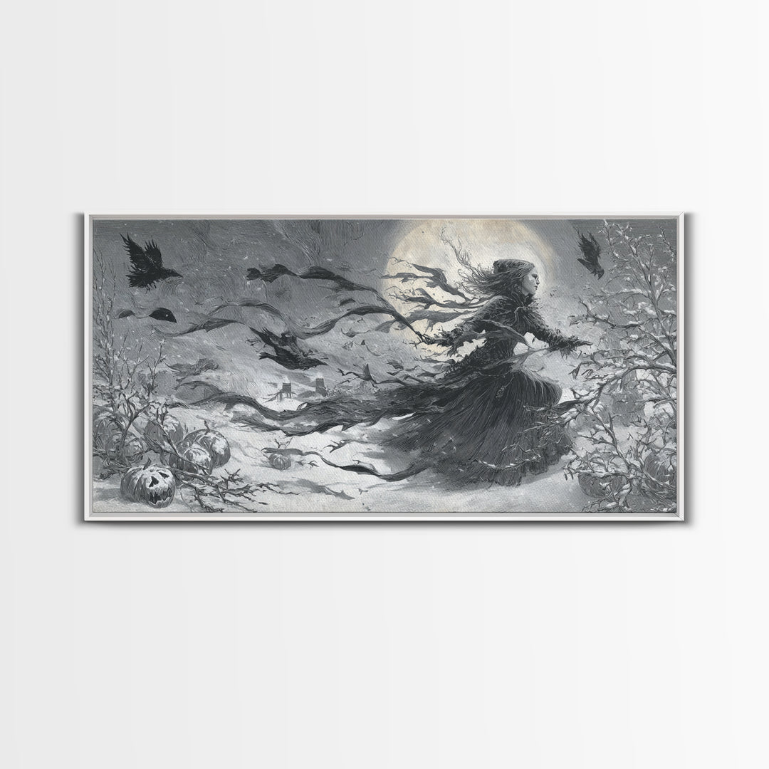 Frozen Halloween, Expressionist Nightmare Art, Wide Panoramic Art, Macabre Wall Art, Framed Canvas Print, Halloween Wall Art