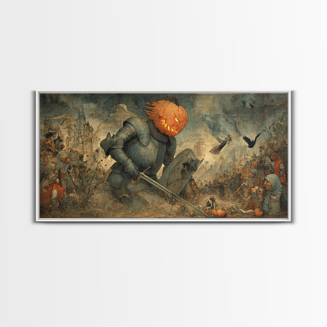 The Pumpkin Paladin, Northern Renaissance Horror, Wide Panoramic Art, Macabre Wall Art, Framed Canvas Print, Halloween Wall Art