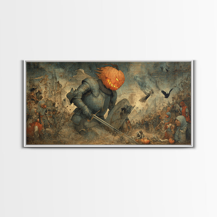 The Pumpkin Paladin, Northern Renaissance Horror, Wide Panoramic Art, Macabre Wall Art, Framed Canvas Print, Halloween Wall Art