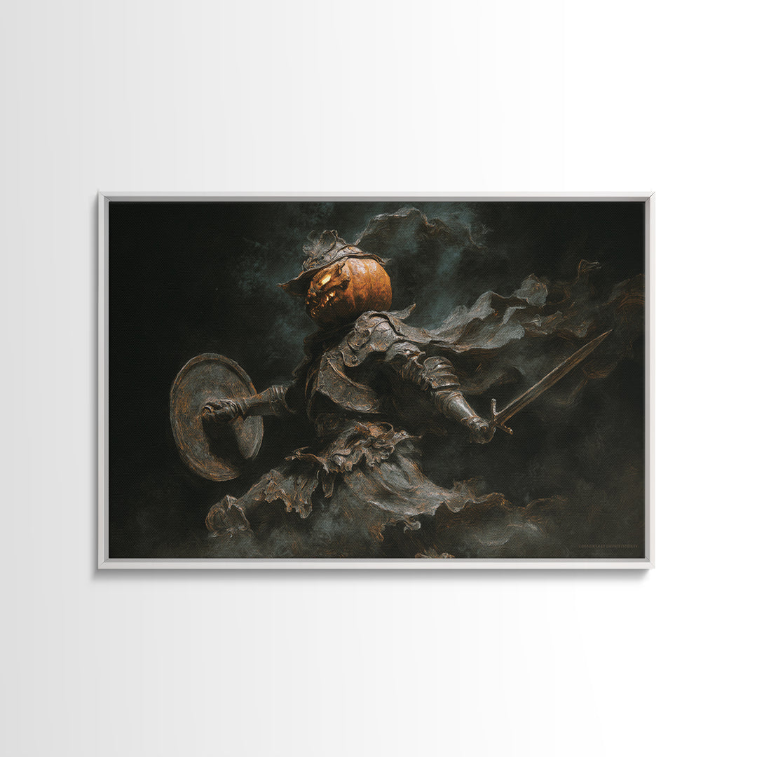 The Pumpkin Paladin, Dark Romantic Horror Art, Landscape Wall Art, Dark Fantasy Wall Art, Framed Canvas Print, Halloween Wall Art
