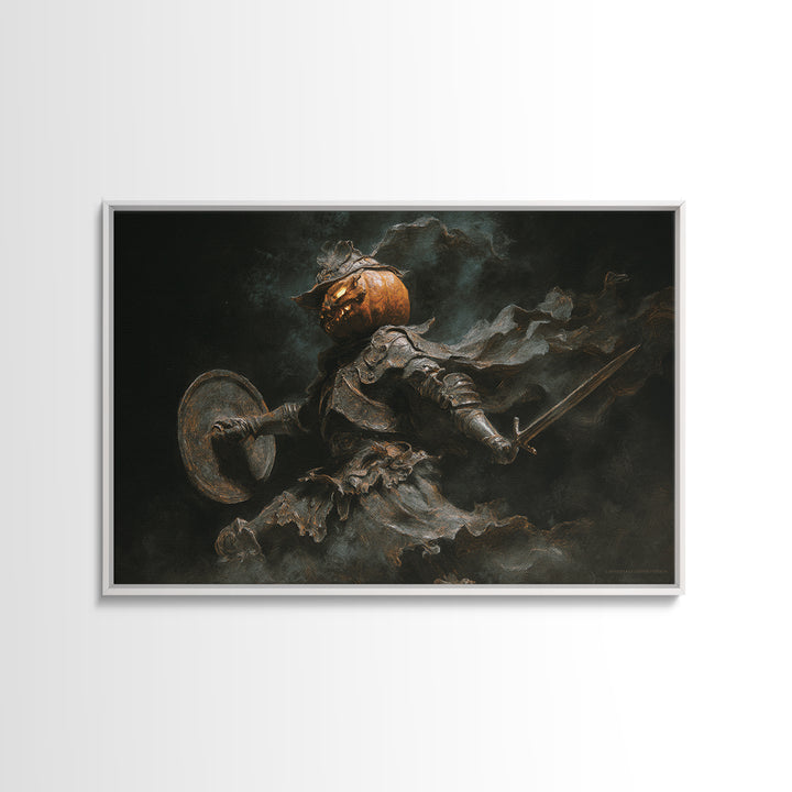 The Pumpkin Paladin, Dark Romantic Horror Art, Landscape Wall Art, Dark Fantasy Wall Art, Framed Canvas Print, Halloween Wall Art
