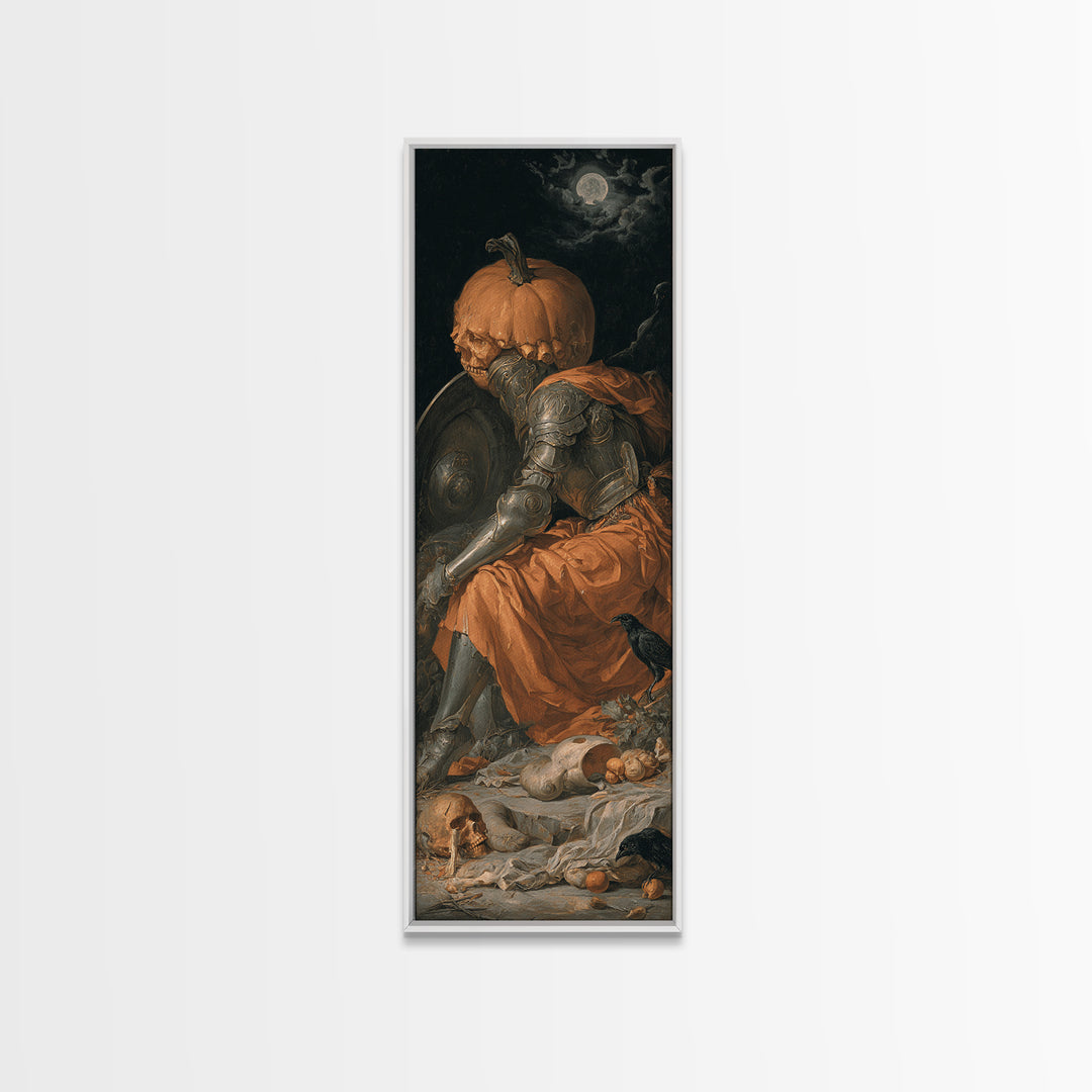 The Pumpkin Paladin, Gothic Nightmare Art, Tall Narrow Wall Art, Macabre Wall Art, Framed Canvas Print, Halloween Wall Art