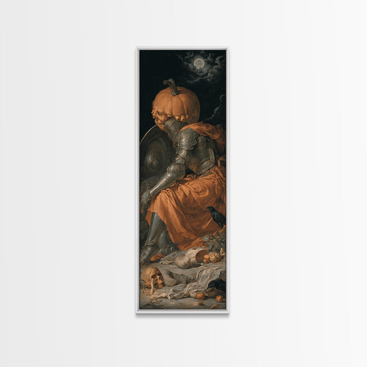 The Pumpkin Paladin, Gothic Nightmare Art, Tall Narrow Wall Art, Macabre Wall Art, Framed Canvas Print, Halloween Wall Art