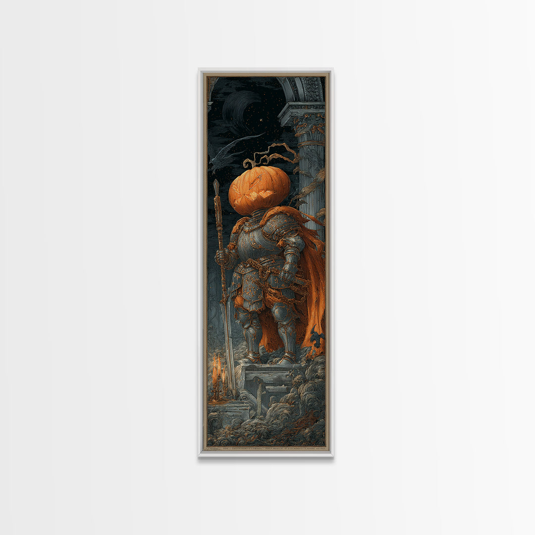 The Pumpkin Paladin, Architectural Etching Art, Tall Narrow Wall Art, Macabre Wall Art, Framed Canvas Print, Halloween Decor
