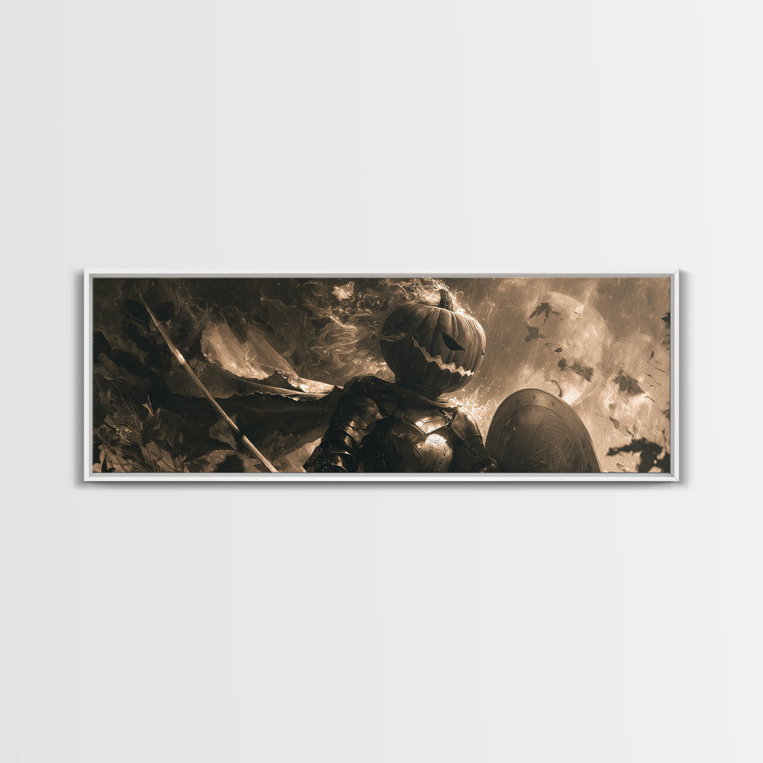 The Pumpkin Paladin, Symbolist Dream Art, Extra Wide Wall Art, Macabre Wall Art, Framed Canvas Print, Halloween Wall Art