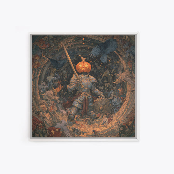 The Pumpkin Paladin, Ornate Symbolist Art, Square Wall Art, Dark Fantasy Wall Art, Canvas Print, Halloween Wall Art, Horror Wall Art