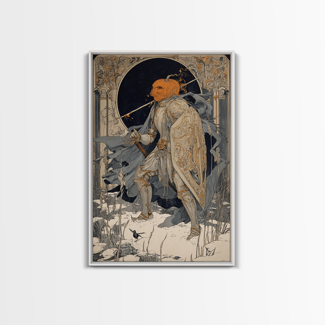 The Pumpkin Paladin, Symbolist Death Art, Vertical Wall Art, Gothic Horror Wall Art, Canvas Print, Halloween Wall Art