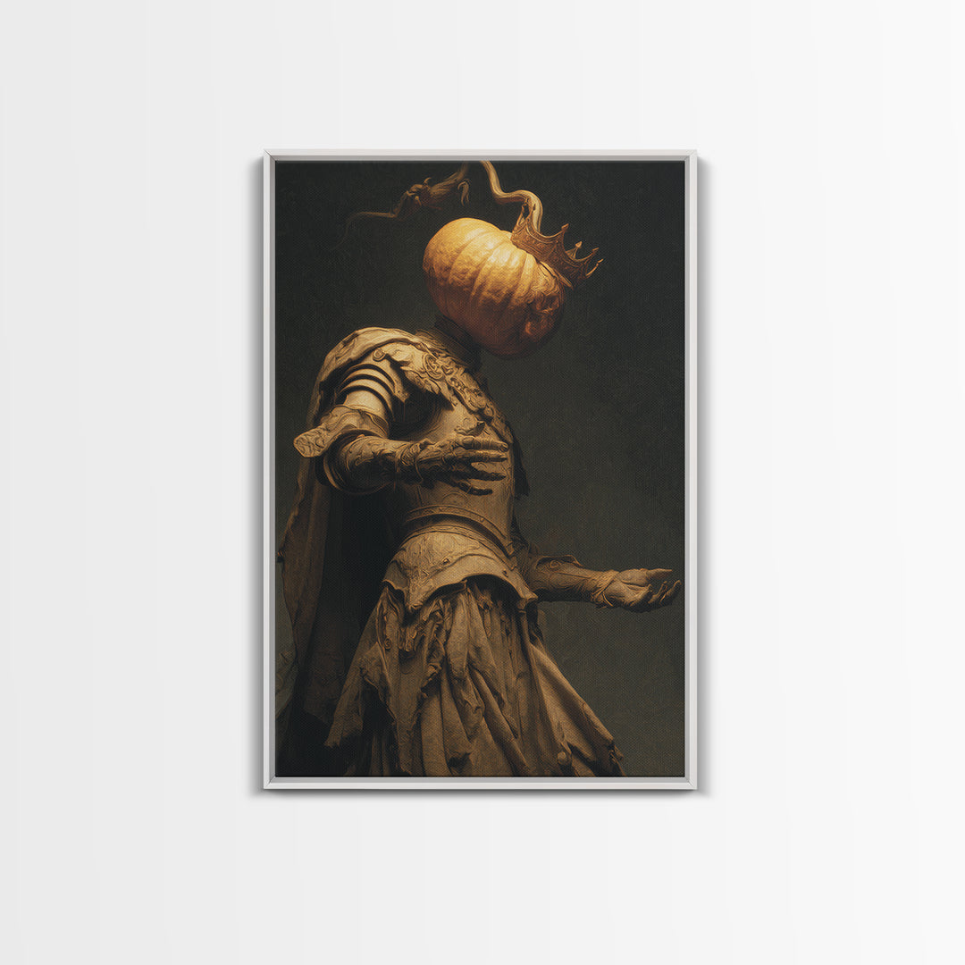 The Pumpkin Paladin, Dark Symbolist Art, Vertical Wall Art, Dark Fantasy Wall Art, Framed Canvas Print, Halloween Wall Art