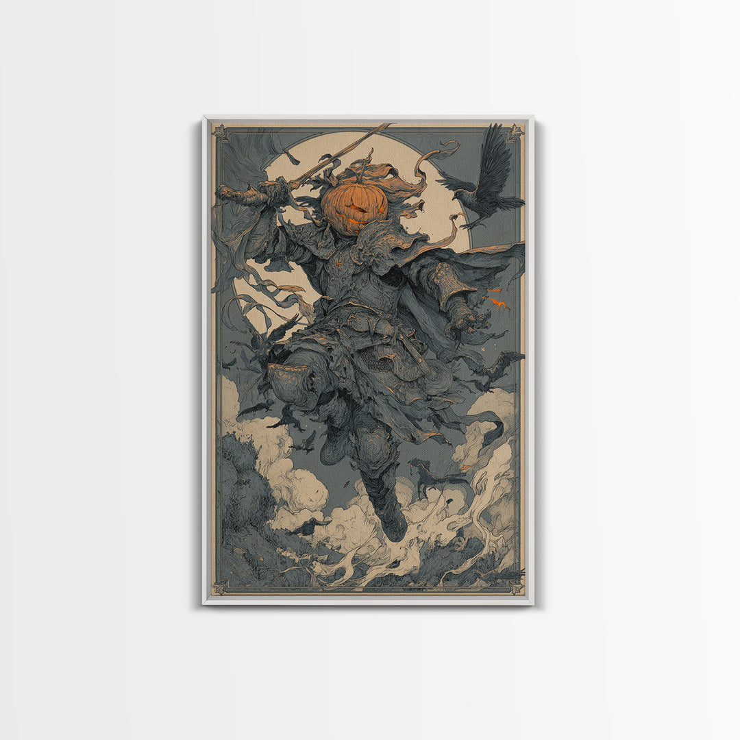 The Pumpkin Paladin, Symbolist Etching Art, Vertical Wall Art, Macabre Wall Art, Canvas Print, Halloween Wall Art, Seasonal Home Decor