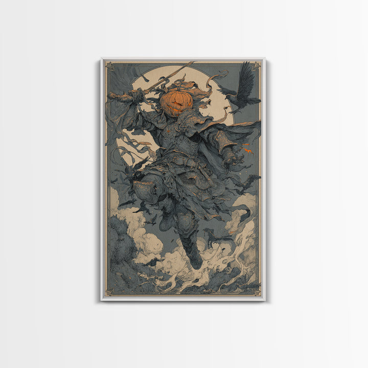 The Pumpkin Paladin, Symbolist Etching Art, Vertical Wall Art, Macabre Wall Art, Canvas Print, Halloween Wall Art, Seasonal Home Decor