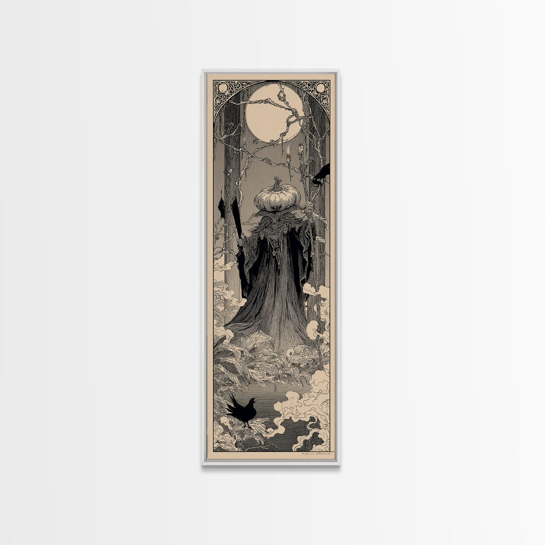 The Pumpkin Paladin, Decadent Line Art, Tall Narrow Wall Art, Gothic Horror Wall Art, Framed Canvas Print, Halloween Wall Art