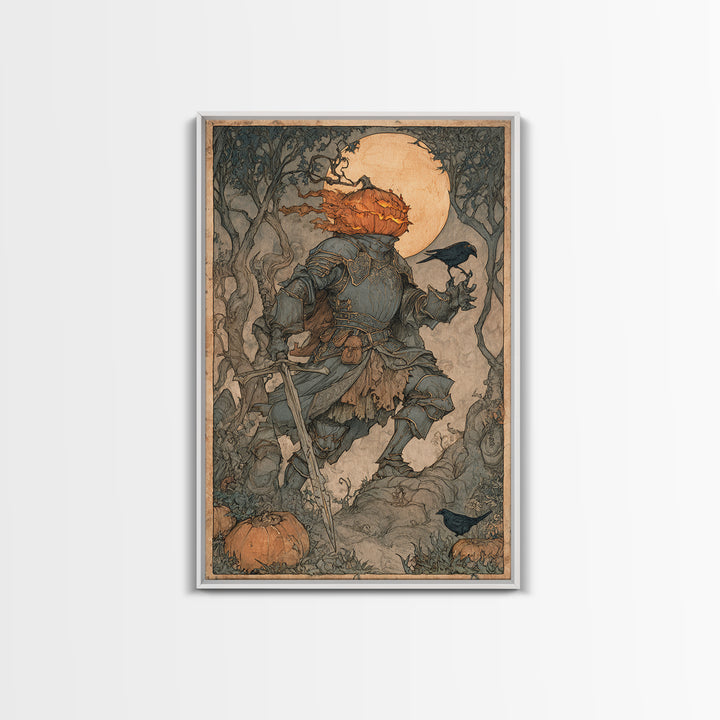 The Pumpkin Paladin, Gothic Storybook Art, Vertical Wall Art, Gothic Horror Wall Art, Canvas Print, Halloween Wall Art