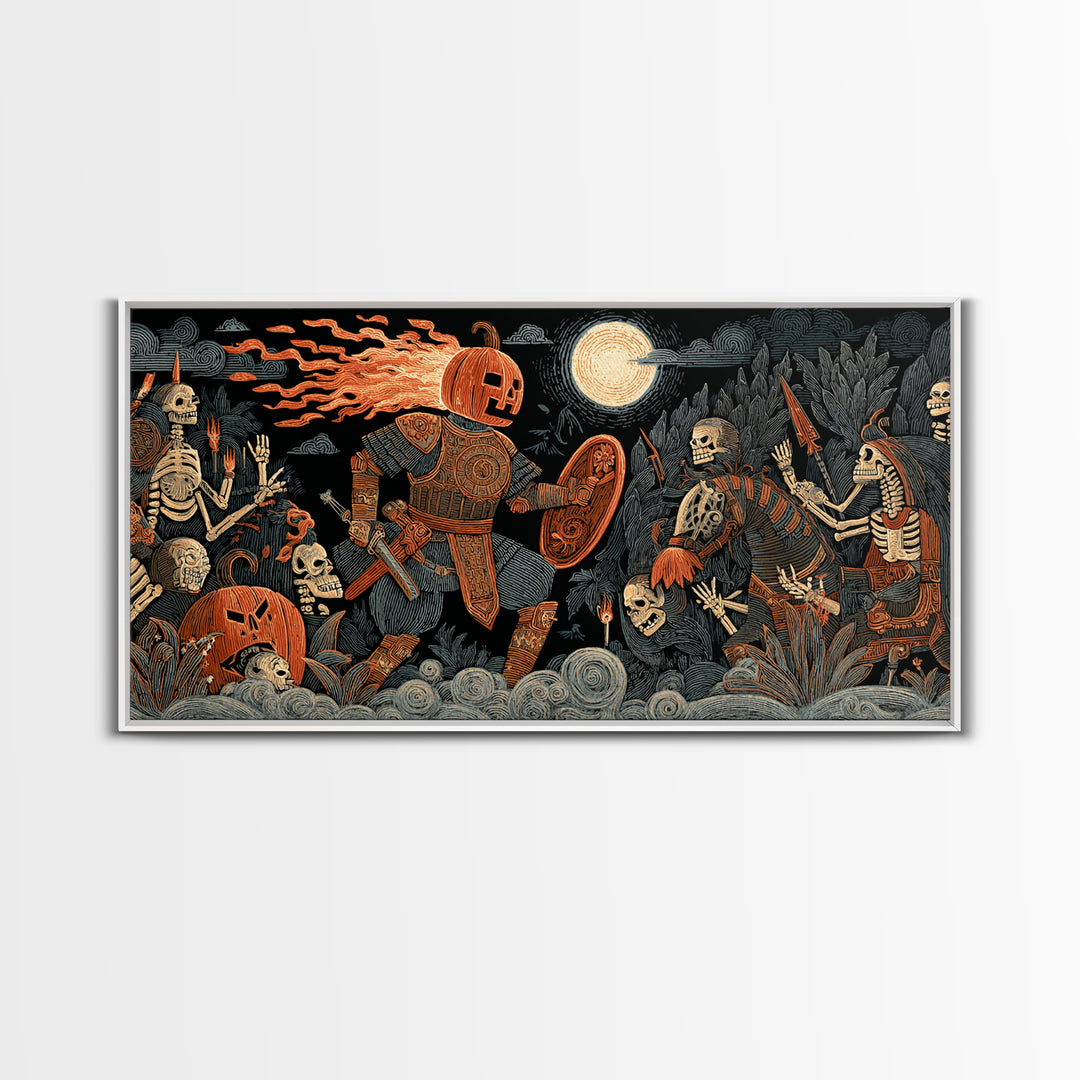 The Pumpkin Paladin, Macabre Folk Print Art, Wide Panoramic Art, Macabre Wall Art, Framed Canvas Print, Halloween Wall Art