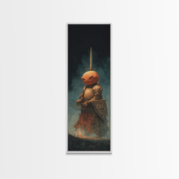 The Pumpkin Paladin, Surreal Apocalyptic Art, Tall Narrow Wall Art, Dark Fantasy Wall Art, Framed Canvas Print, Halloween Wall Art