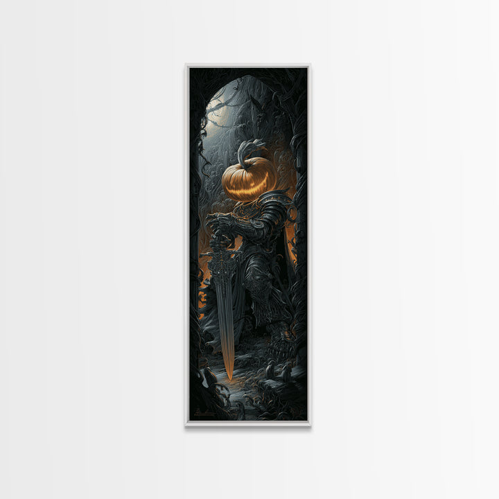 The Pumpkin Paladin, Biomechanical Horror Art, Tall Narrow Wall Art, Dark Fantasy Wall Art, Canvas Print, Halloween Wall Art