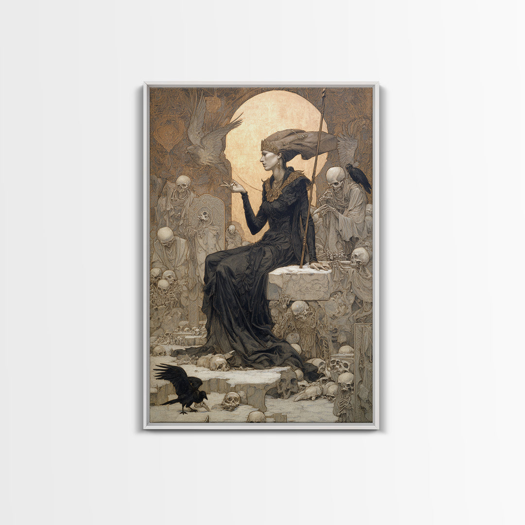 The Necromancer Queen, Symbolist Death Art, Vertical Wall Art, Dark Halloween Decor, Framed Canvas Print, Halloween Wall Art