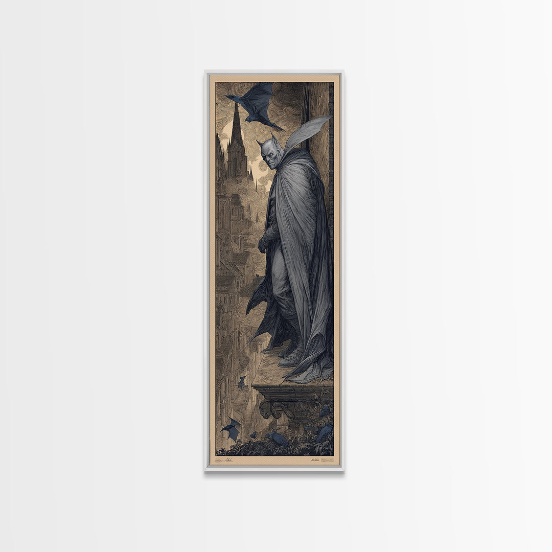 The Bat Prince, Gothic Engraving Art, Tall Narrow Wall Art, Dark Fantasy Wall Art, Framed Canvas Print, Halloween Wall Art