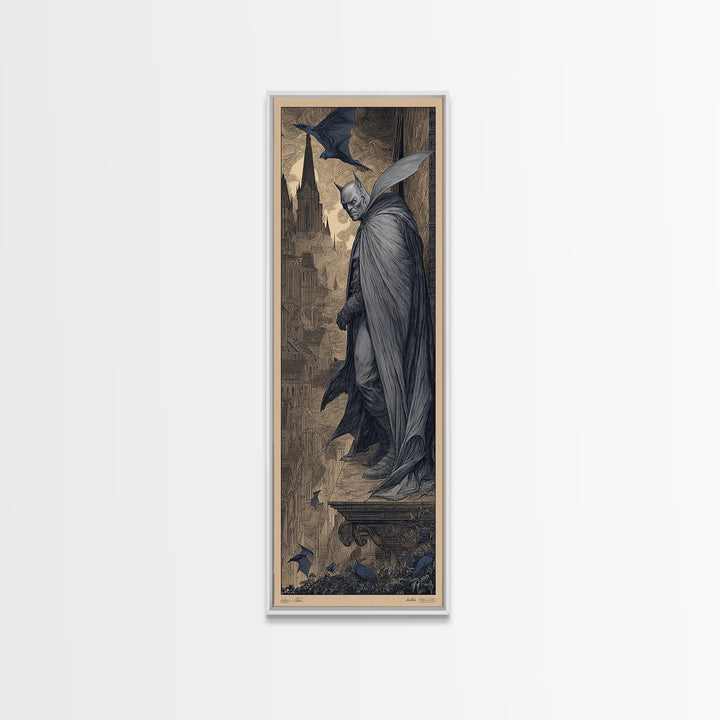The Bat Prince, Gothic Engraving Art, Tall Narrow Wall Art, Dark Fantasy Wall Art, Framed Canvas Print, Halloween Wall Art