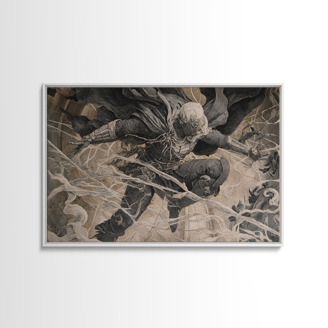 The Spider Knight, Architectural Etching Art, Landscape Wall Art, Macabre Wall Art, Framed Canvas Print, Halloween Wall Art