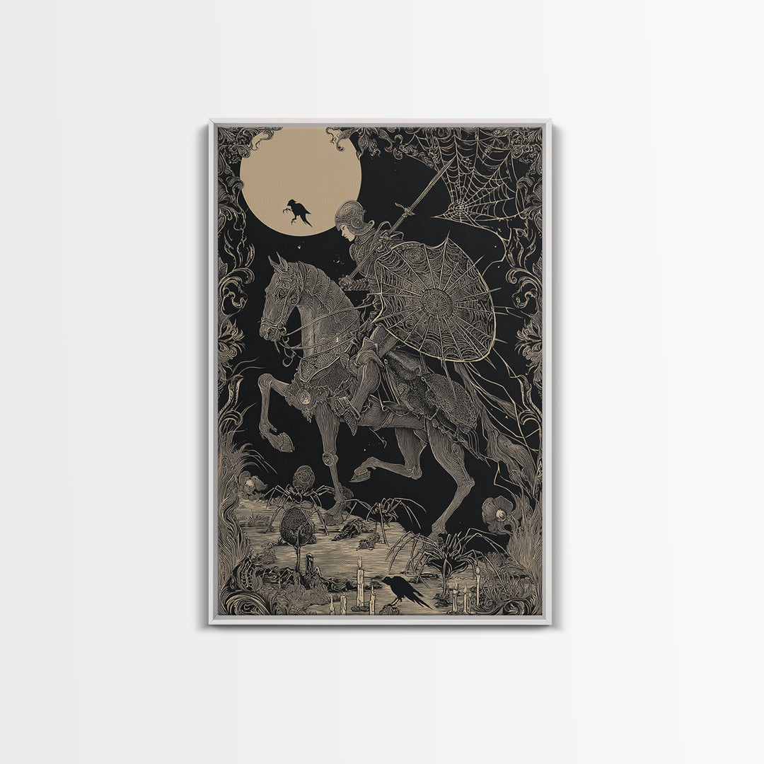 The Spider Knight, Decadent Line Art, Vertical Wall Art, Macabre Wall Art, Framed Canvas Print, Halloween Wall Art