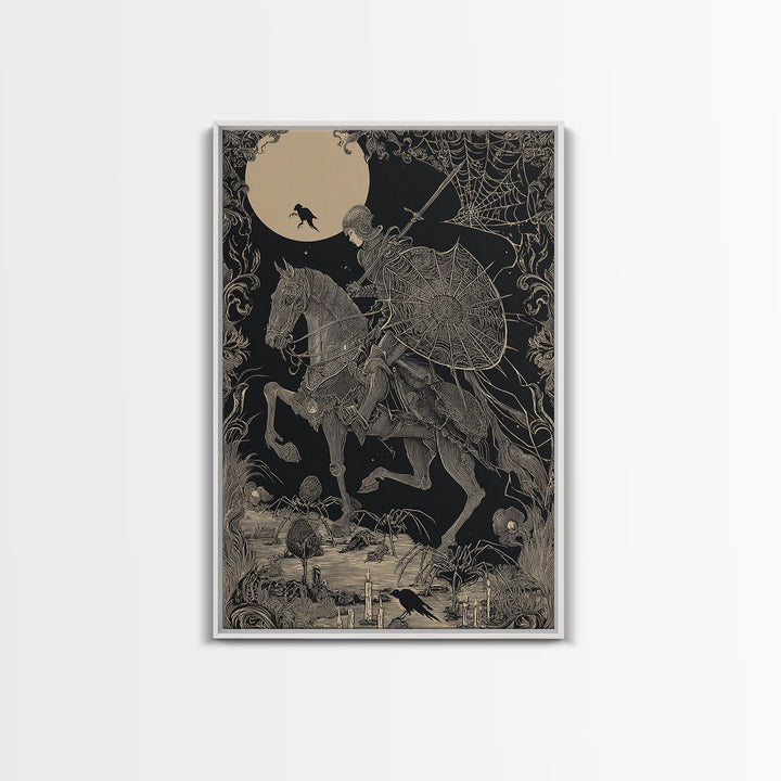 The Spider Knight, Decadent Line Art, Vertical Wall Art, Macabre Wall Art, Framed Canvas Print, Halloween Wall Art