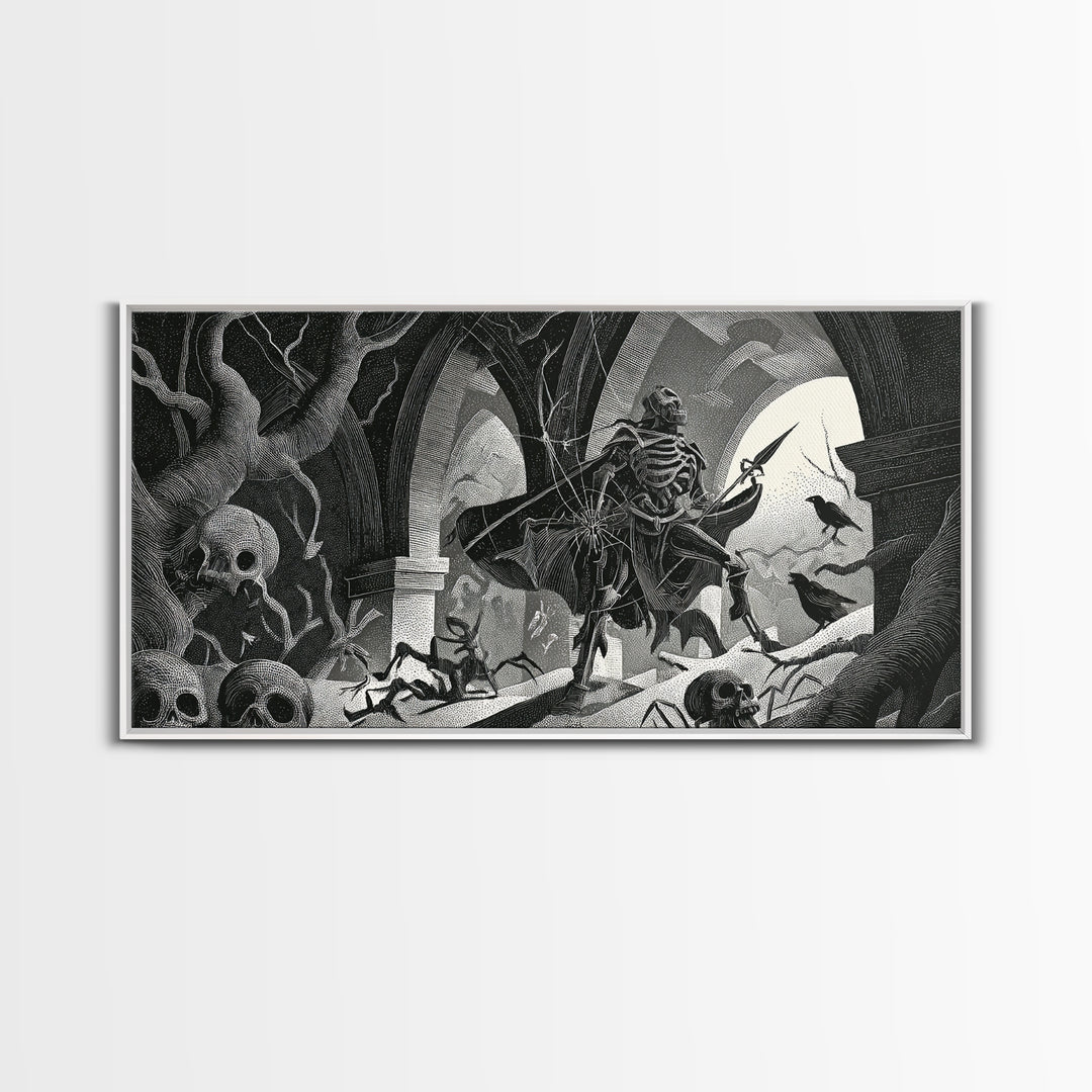 The Spider Knight, Macabre Folk Print Art, Wide Panoramic Art, Gothic Horror Wall Art, Framed Canvas Print, Halloween Wall Art