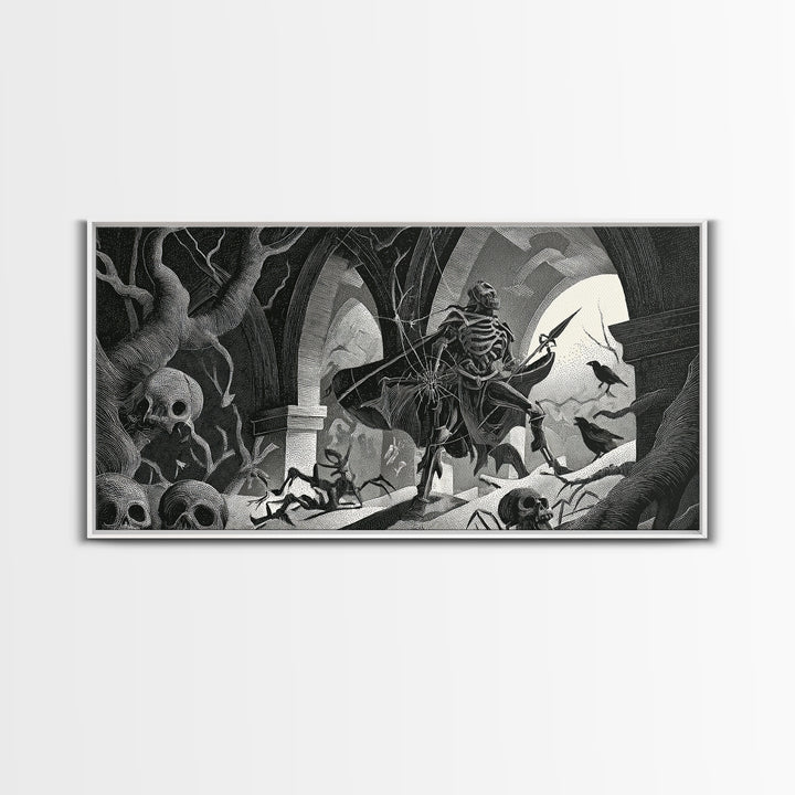 The Spider Knight, Macabre Folk Print Art, Wide Panoramic Art, Gothic Horror Wall Art, Framed Canvas Print, Halloween Wall Art