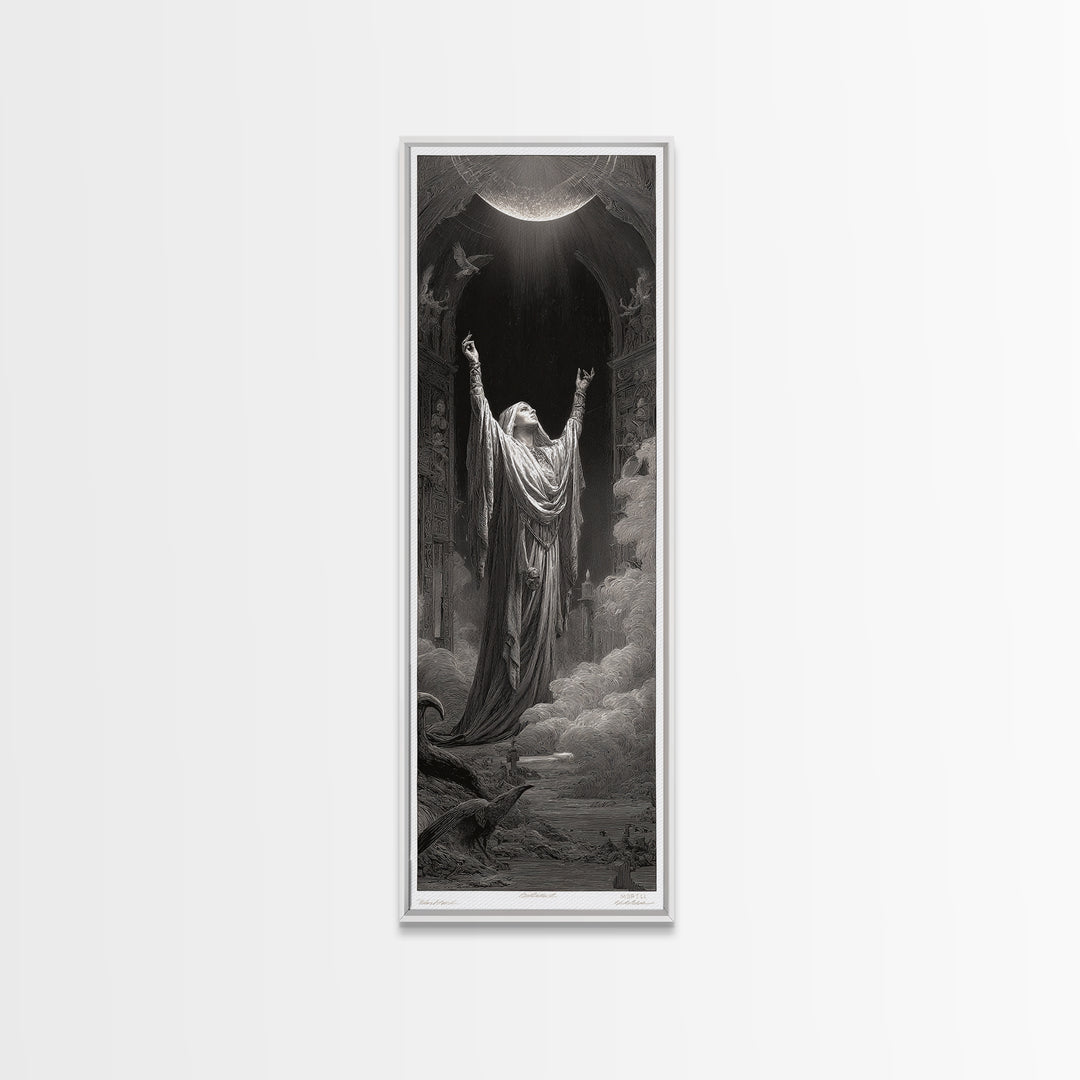 The Moon Priestess, Gothic Engraving Art, Tall Narrow Wall Art, Gothic Horror Wall Art, Canvas Print, Halloween Wall Art