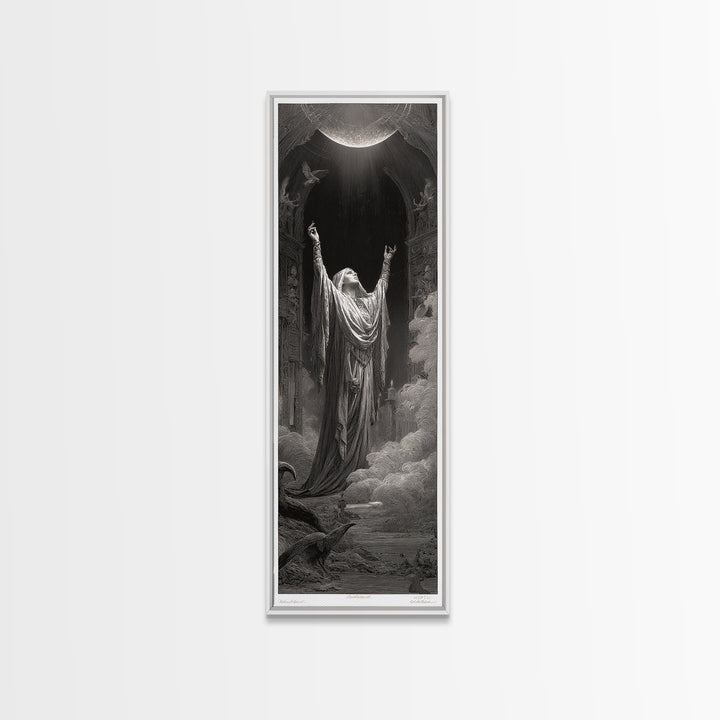 The Moon Priestess, Gothic Engraving Art, Tall Narrow Wall Art, Gothic Horror Wall Art, Canvas Print, Halloween Wall Art
