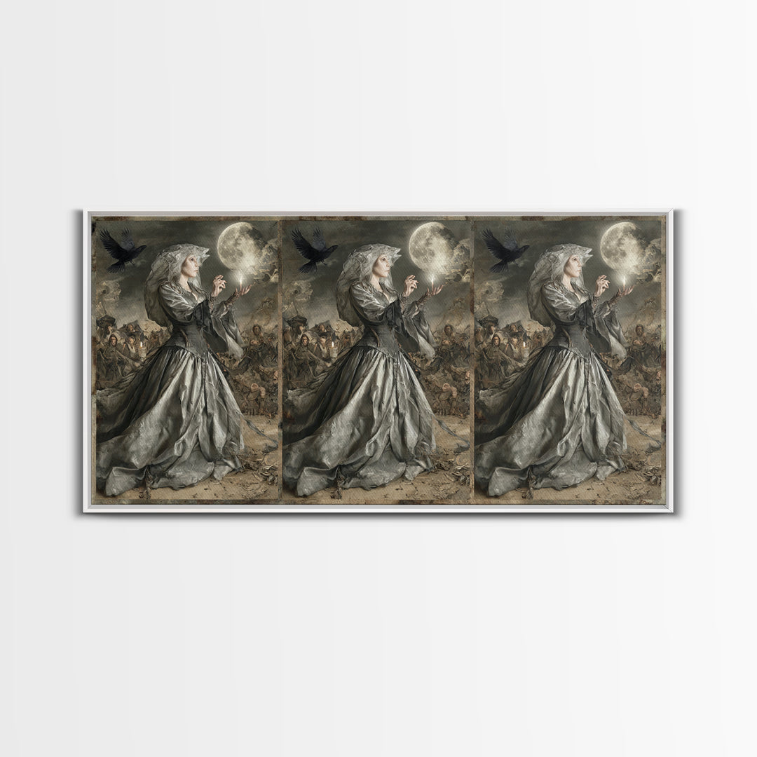 The Moon Priestess, Northern Renaissance Horror, Wide Panoramic Art, Macabre Wall Art, Framed Canvas Print, Halloween Wall Art