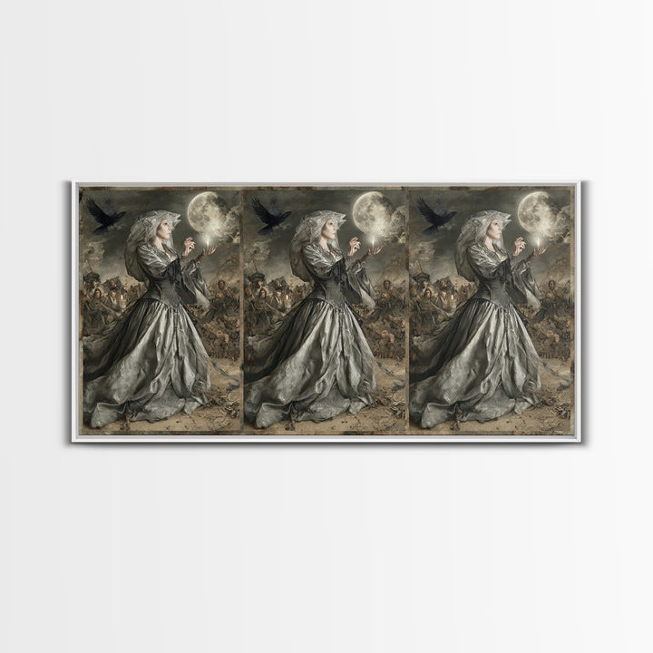 The Moon Priestess, Northern Renaissance Horror, Wide Panoramic Art, Macabre Wall Art, Framed Canvas Print, Halloween Wall Art