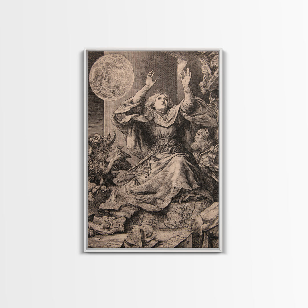 The Moon Priestess, Renaissance Engraving Art, Vertical Wall Art, Macabre Wall Art, Framed Canvas Print, Halloween Wall Art