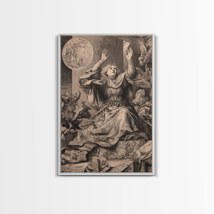 The Moon Priestess, Renaissance Engraving Art, Vertical Wall Art, Macabre Wall Art, Framed Canvas Print, Halloween Wall Art