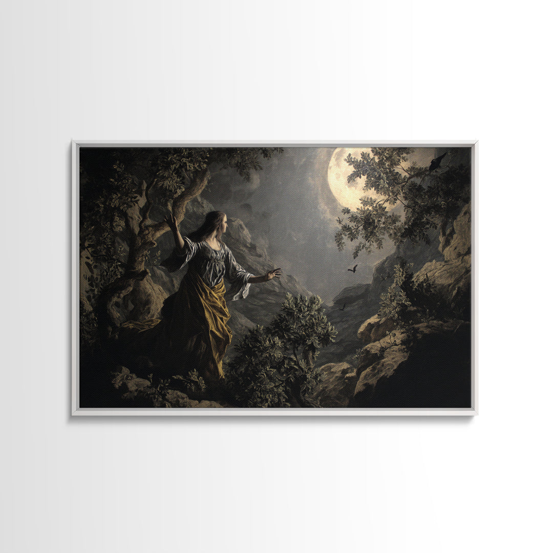 The Moon Priestess, Baroque Witchcraft Art, Landscape Wall Art, Dark Fantasy Wall Art, Framed Canvas Print, Halloween Wall Art
