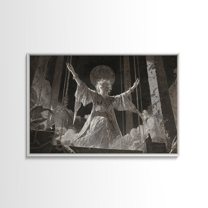 The Moon Priestess, Architectural Etching Art, Landscape Wall Art, Dark Fantasy Wall Art, Canvas Print, Halloween Wall Art