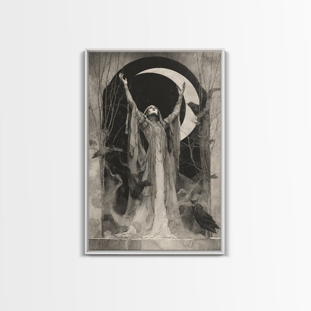 The Moon Priestess, Symbolist Dream Art, Vertical Wall Art, Macabre Wall Art, Framed Canvas Print, Halloween Wall Art