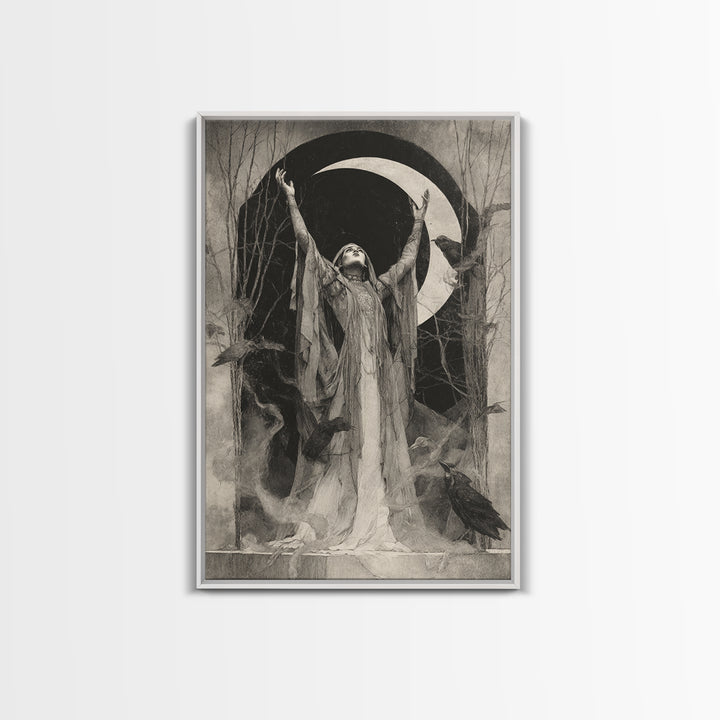 The Moon Priestess, Symbolist Dream Art, Vertical Wall Art, Macabre Wall Art, Framed Canvas Print, Halloween Wall Art