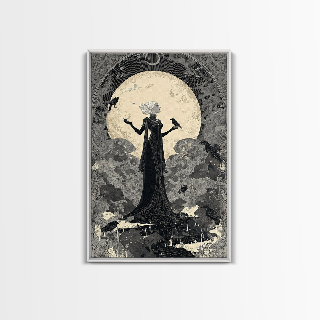 The Moon Priestess, Decadent Line Art, Vertical Wall Art, Gothic Horror Wall Art, Framed Canvas Print, Halloween Wall Art