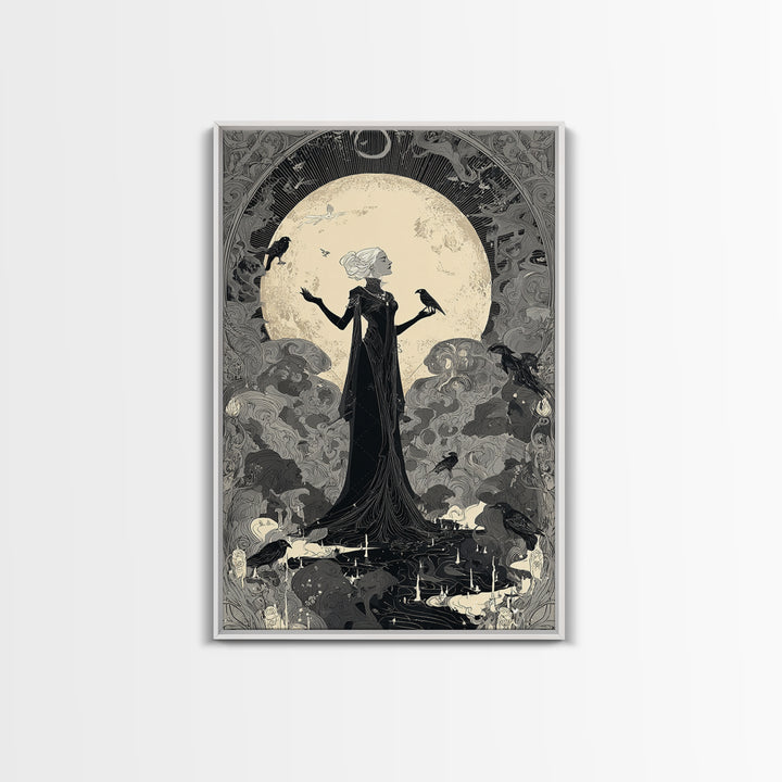 The Moon Priestess, Decadent Line Art, Vertical Wall Art, Gothic Horror Wall Art, Framed Canvas Print, Halloween Wall Art