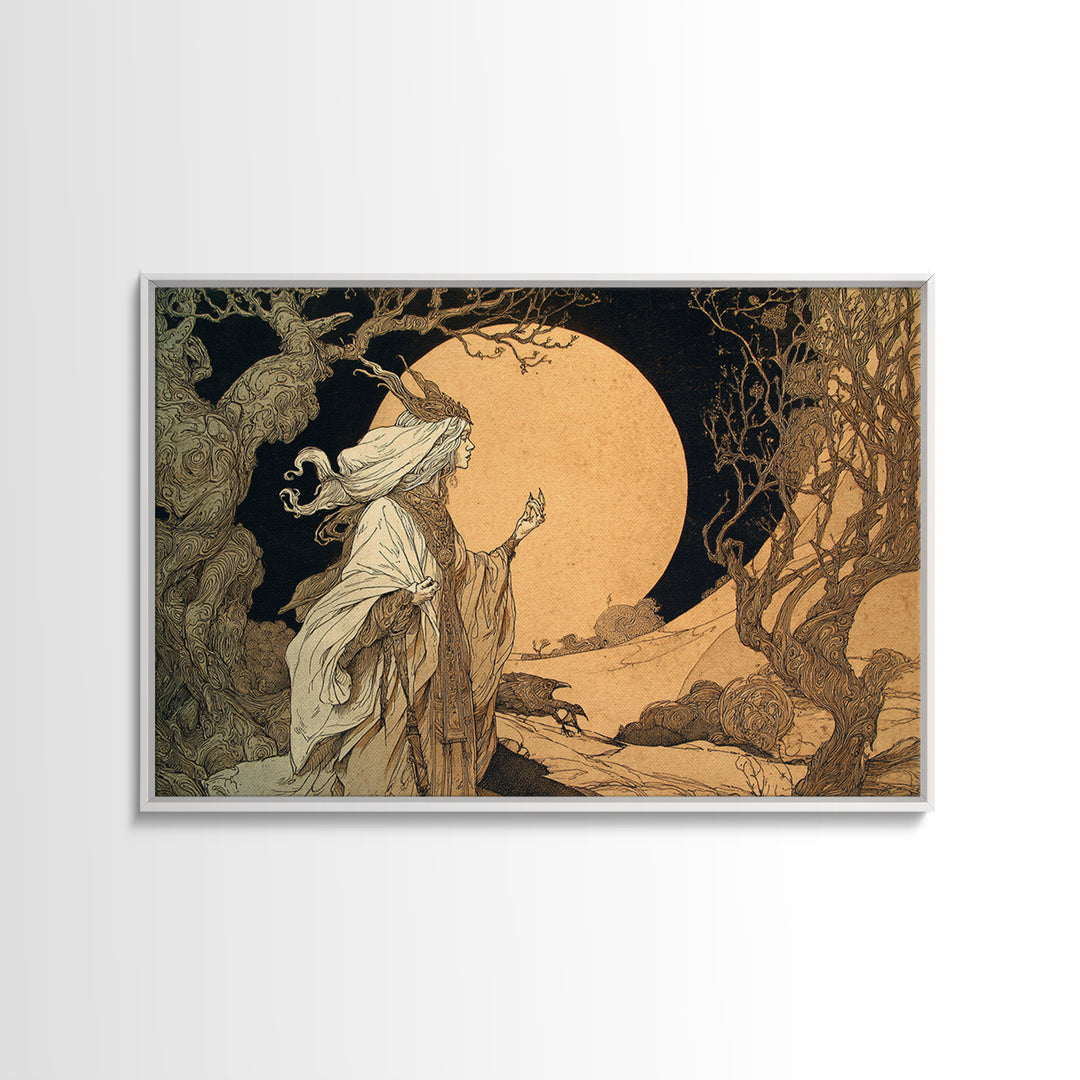 The Moon Priestess, Gothic Storybook Art, Landscape Wall Art, Macabre Wall Art, Framed Canvas Print, Halloween Wall Art