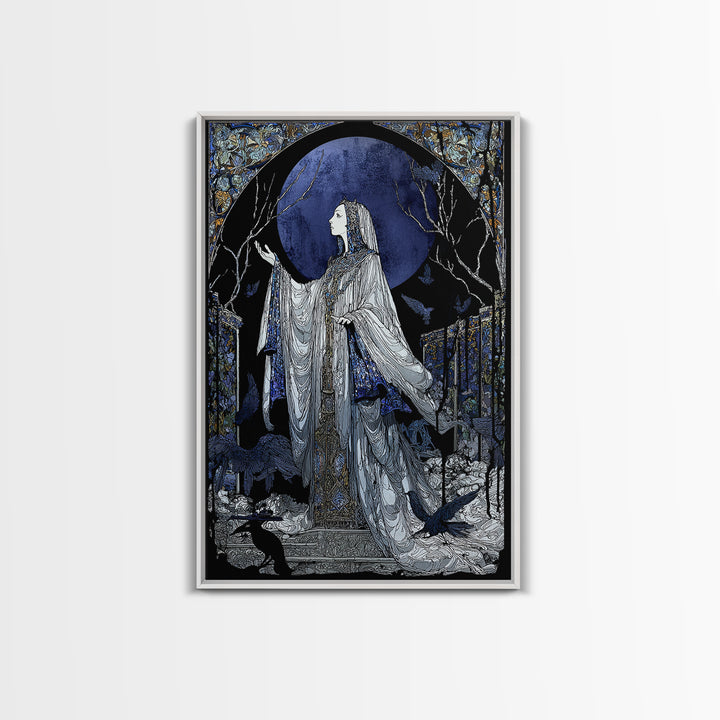 The Moon Priestess, Stained Glass Gothic Art, Vertical Wall Art, Macabre Wall Art, Framed Canvas Print, Halloween Wall Art
