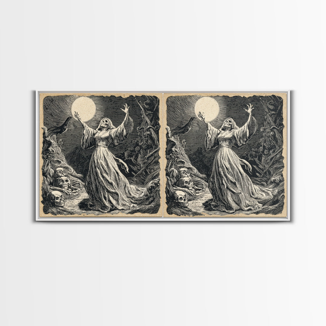 The Moon Priestess, Macabre Folk Print Art, Wide Panoramic Art, Macabre Wall Art, Canvas Print, Halloween Wall Art