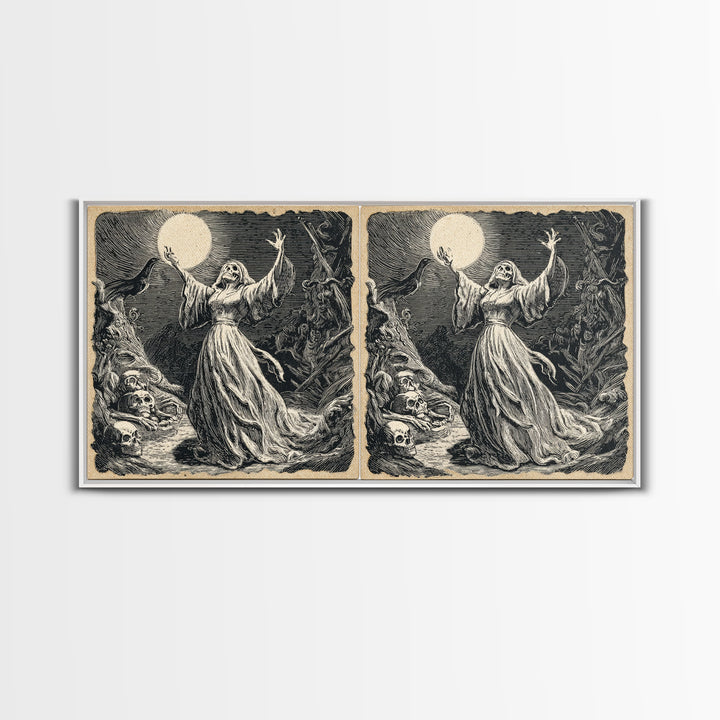 The Moon Priestess, Macabre Folk Print Art, Wide Panoramic Art, Macabre Wall Art, Canvas Print, Halloween Wall Art