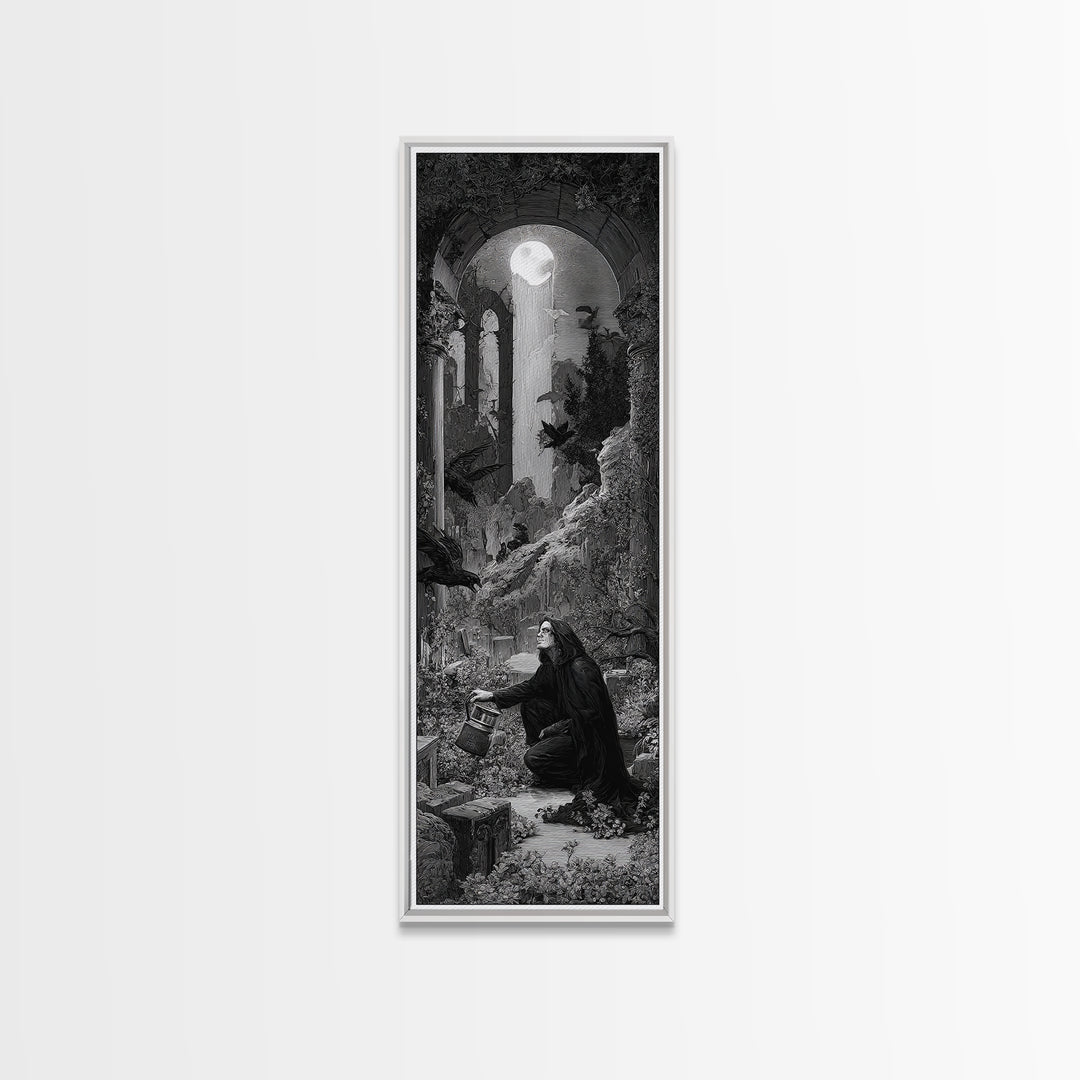The Graveyard Gardener, Gothic Engraving Art, Tall Narrow Wall Art, Macabre Wall Art, Framed Canvas Print, Halloween Wall Art