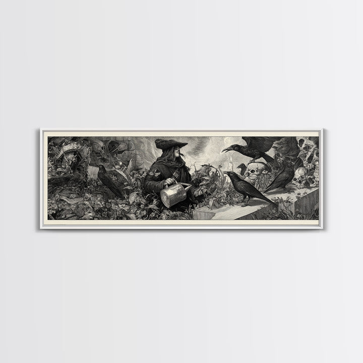 The Graveyard Gardener, Renaissance Engraving Art, Extra Wide Wall Art, Gothic Horror Wall Art, Canvas Print, Halloween Wall Art