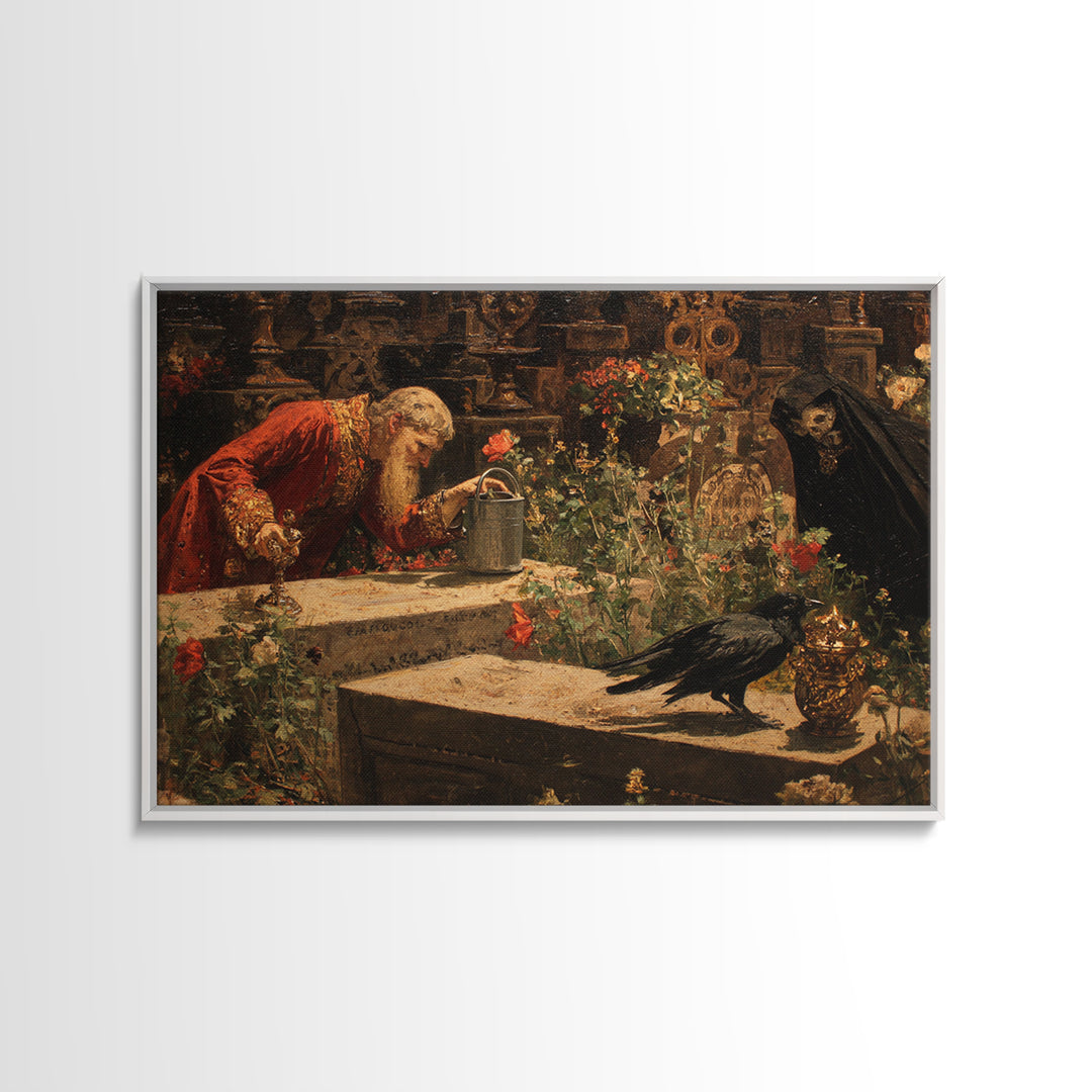 The Graveyard Gardener, Ornate Symbolist Art, Landscape Wall Art, Macabre Wall Art, Framed Canvas Print, Halloween Wall Art
