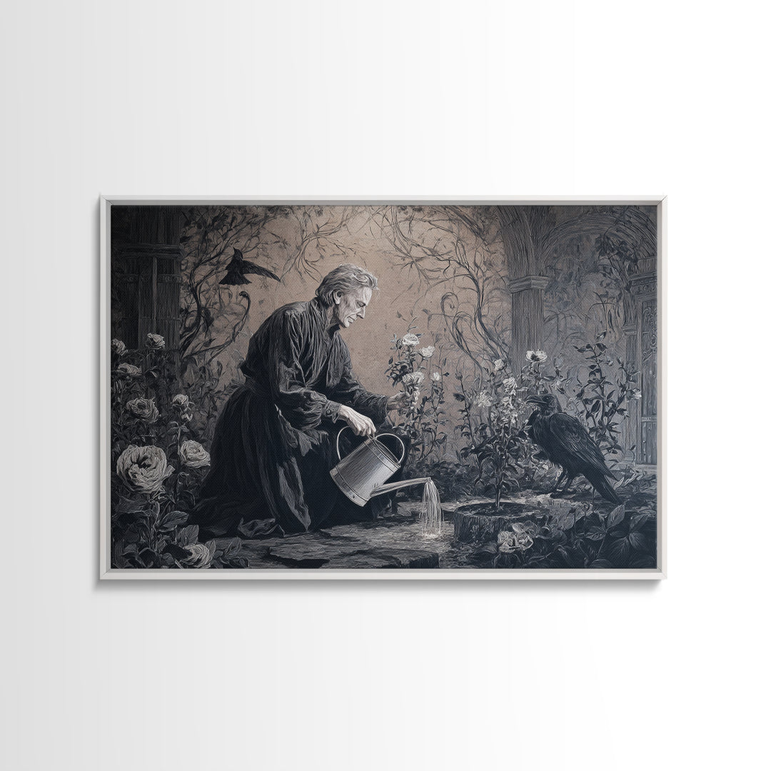 The Graveyard Gardener, Dark Symbolist Art, Landscape Wall Art, Dark Fantasy Wall Art, Framed Canvas Print, Halloween Wall Art