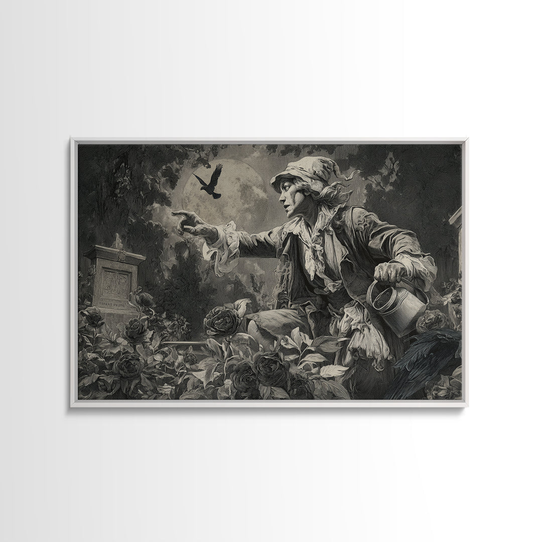 The Graveyard Gardener, Symbolist Etching Art, Landscape Wall Art, Dark Halloween Decor, Canvas Print, Halloween Wall Art